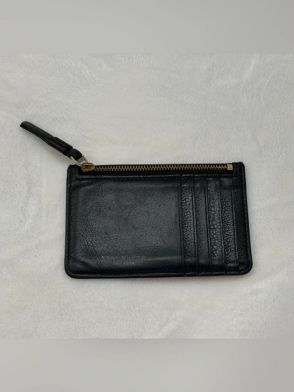 Tory Burch Pebbled Leather Zip Card Case Wallet Black Gold Logo